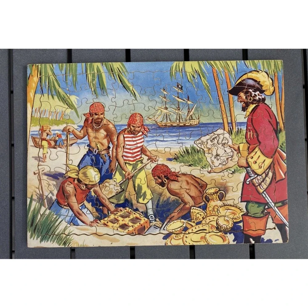 Vintage childs wood wooden jigsaw puzzle pirates digging for treasure 1960's